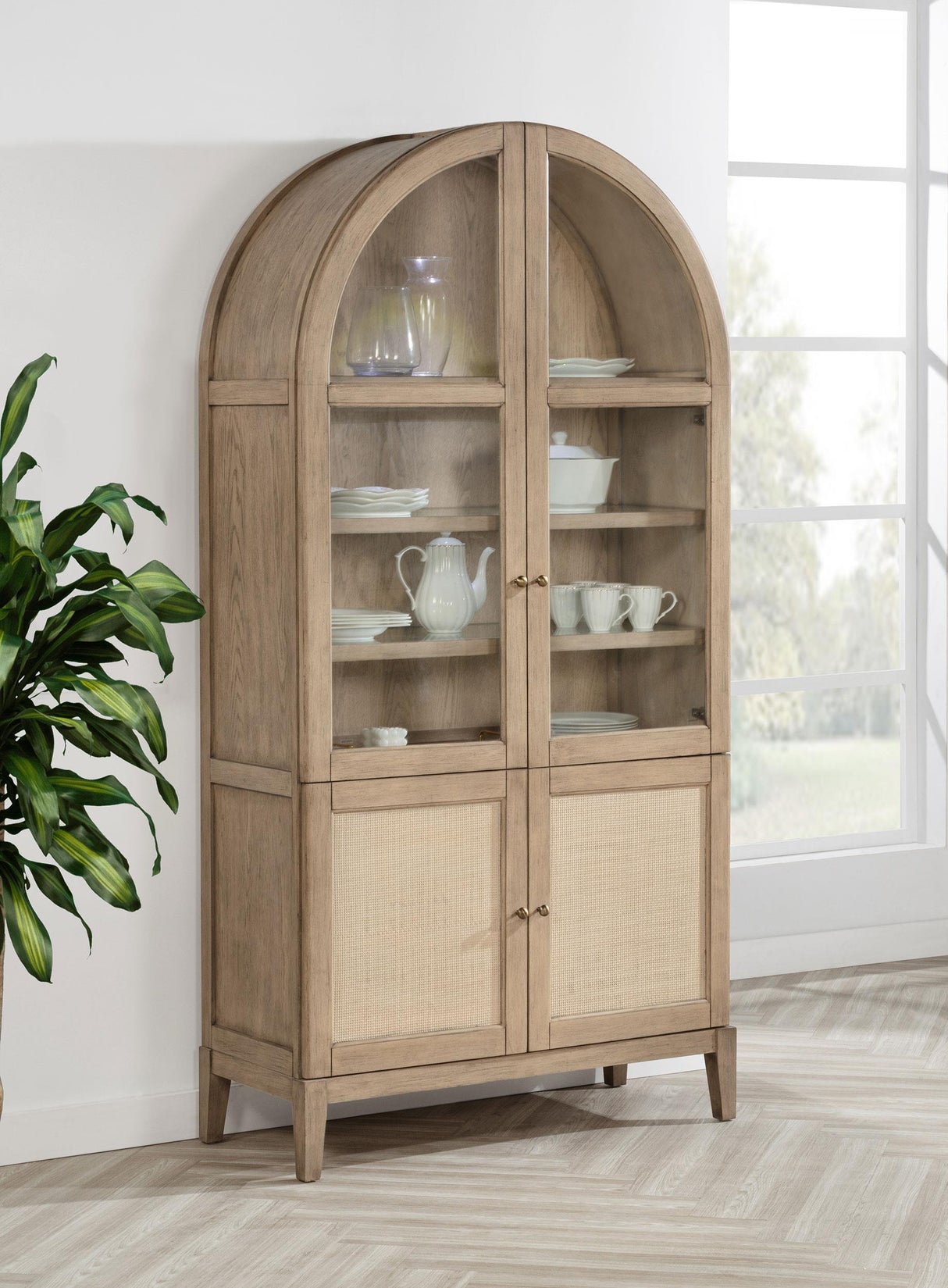 Coaster Kailani 4-Door Cane Dining Vitrine Display Cabinet Beige Oak