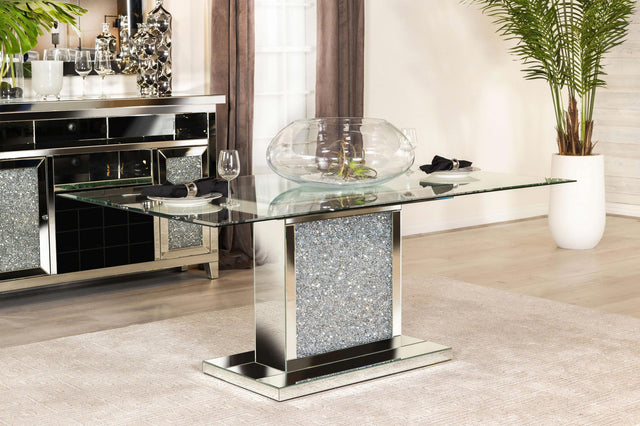 Coaster Marilyn Rectangular 72-inch Glass Top Dining Table Silver