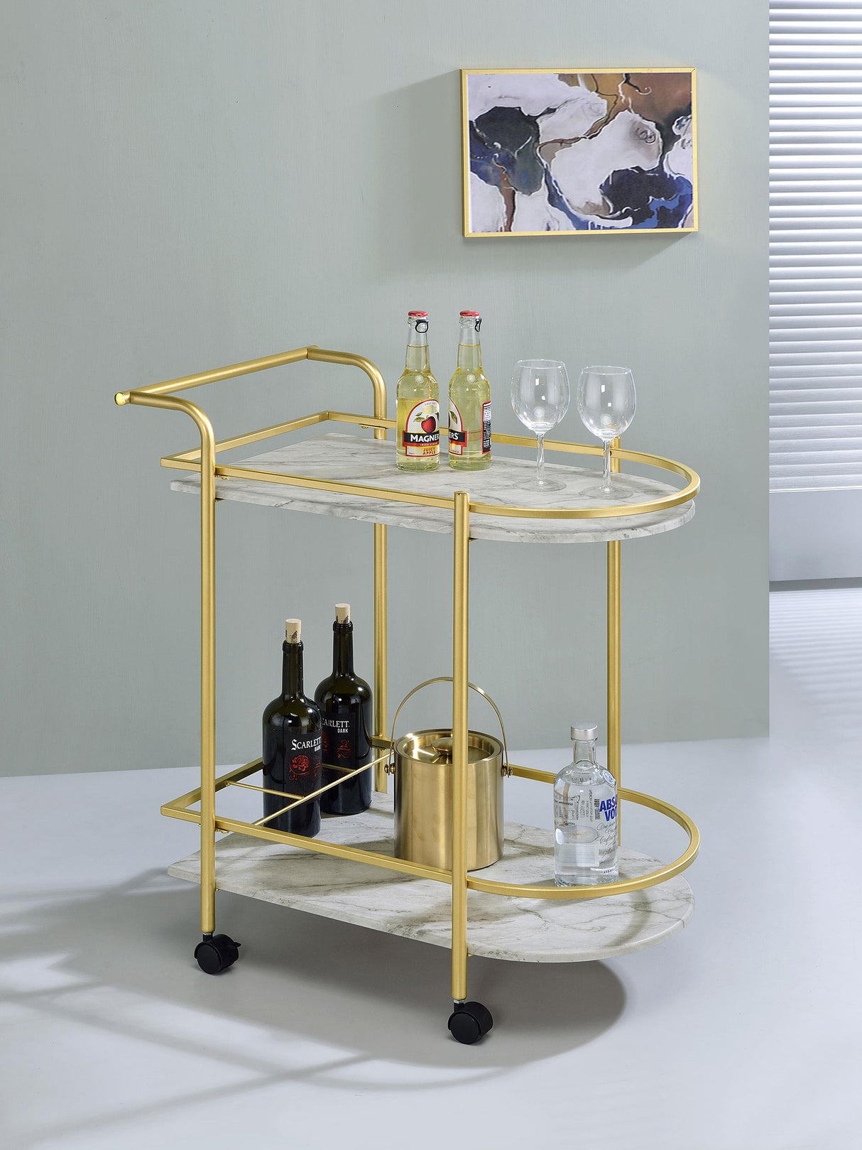 Coaster Desiree 2-tier Faux Marble Shelf Metal Bar Cart Gold