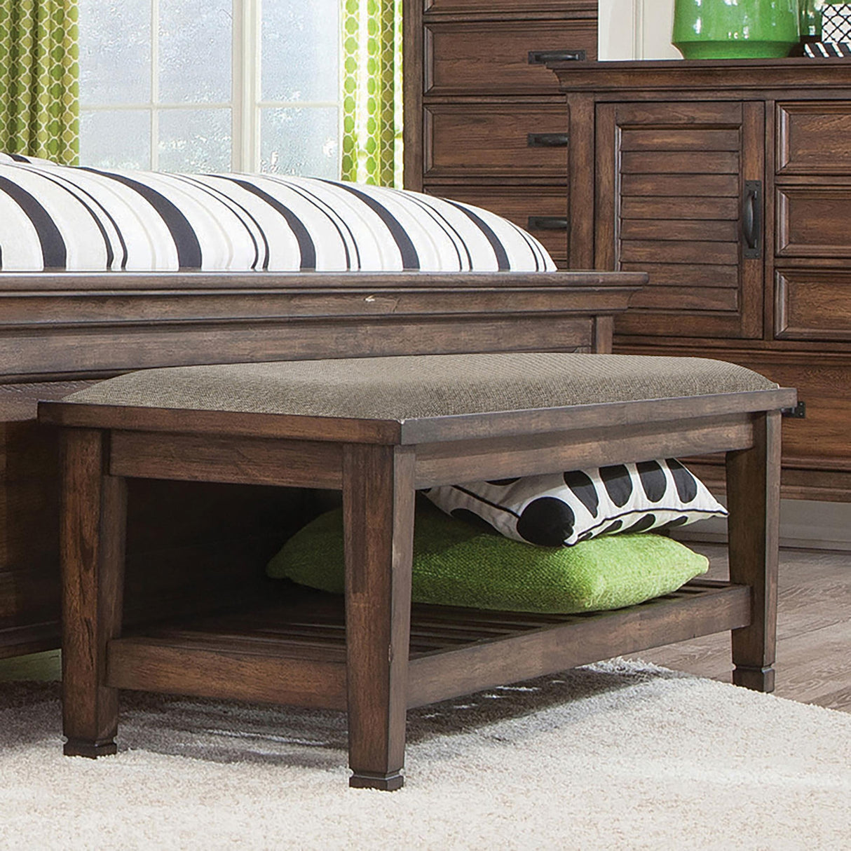 Coaster Franco Fabric Upholstered Bench with Shelf Burnished Oak