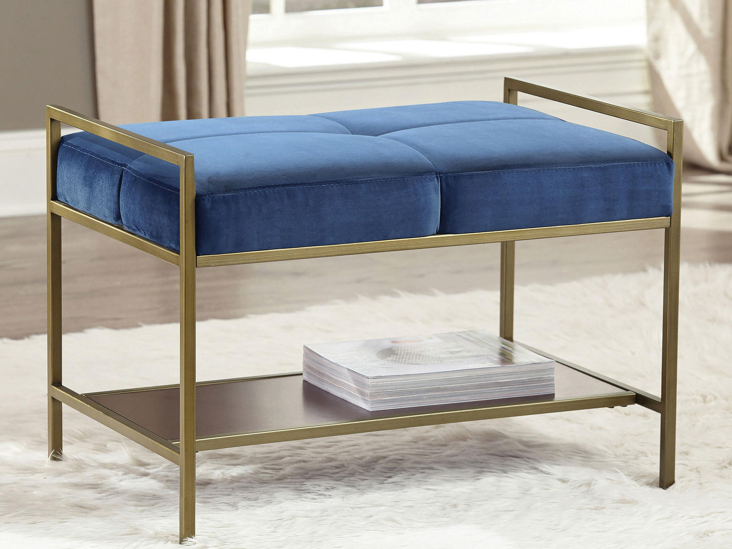 Coaster Maria Velvet Upholstered Bench with Shelf Navy Blue and Gold