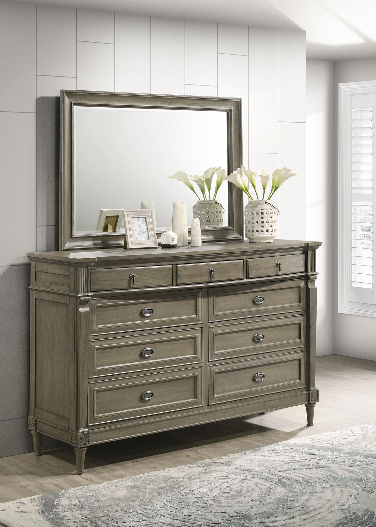 Coaster Alderwood 9-drawer Dresser with Mirror French Grey