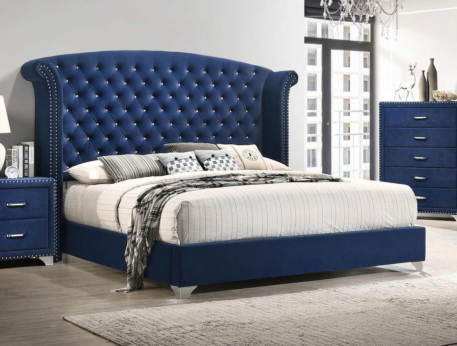 Coaster Melody Upholstered Queen Wingback Bed Pacific Blue