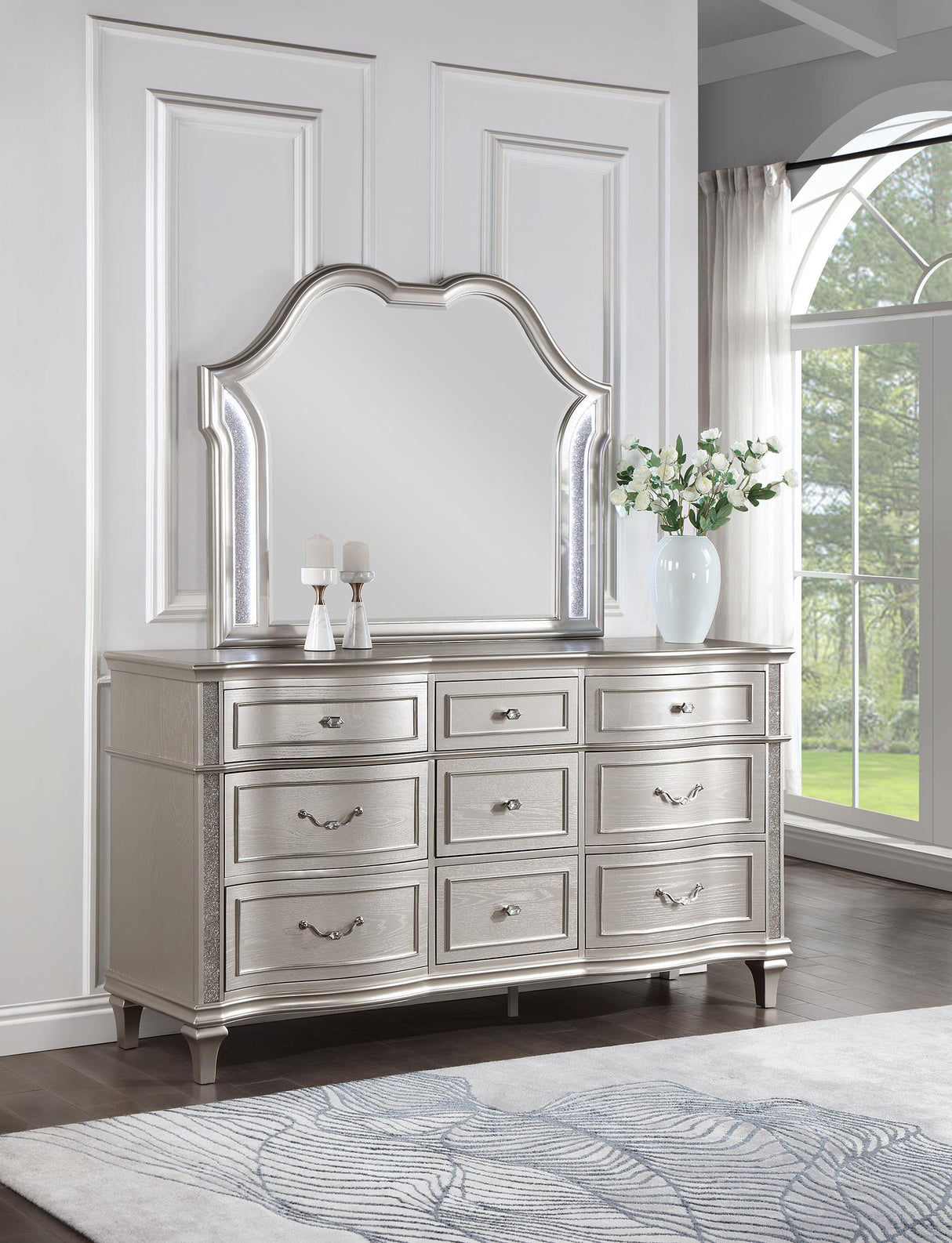 Coaster Evangeline 9-drawer Dresser with Mirror Silver Oak