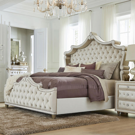 Coaster Antonella Upholstered Queen Panel Bed Ivory and Camel