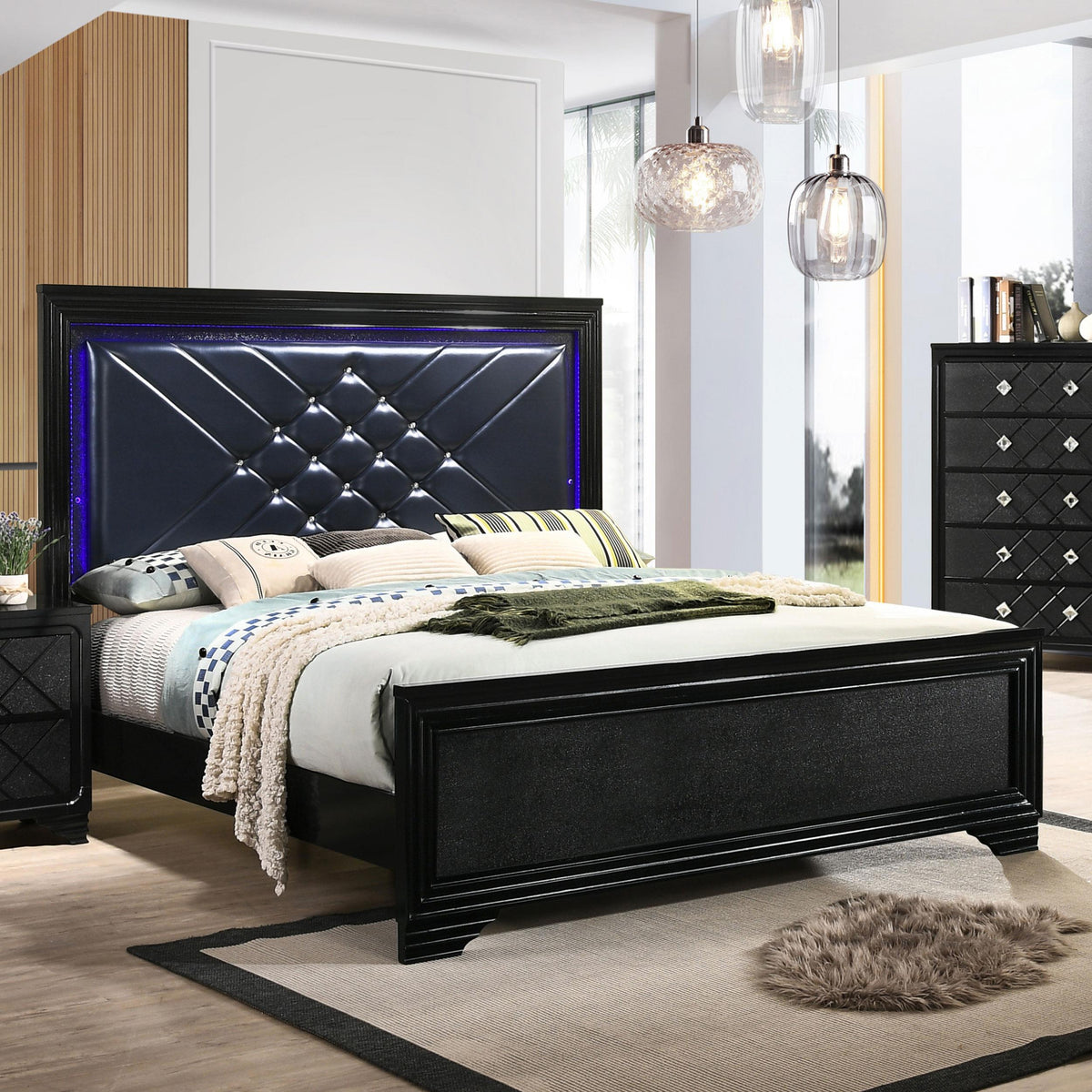 Coaster Penelope Wood Eastern King LED Panel Bed Midnight Star