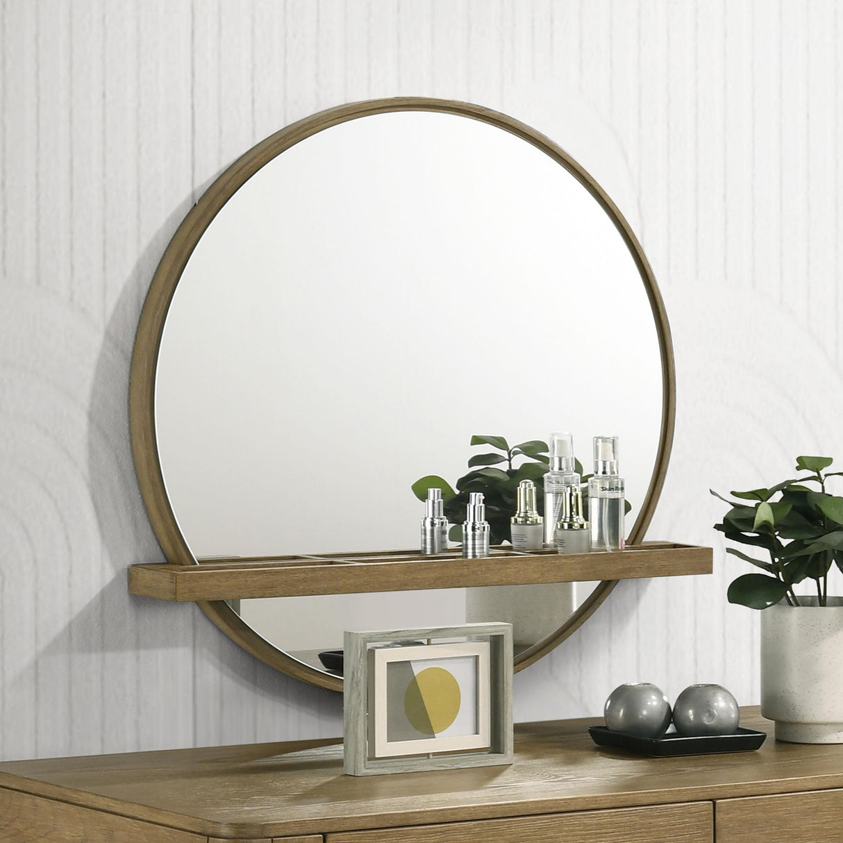 Coaster Arini Round Vanity Wall Mirror with Shelf Sand Wash