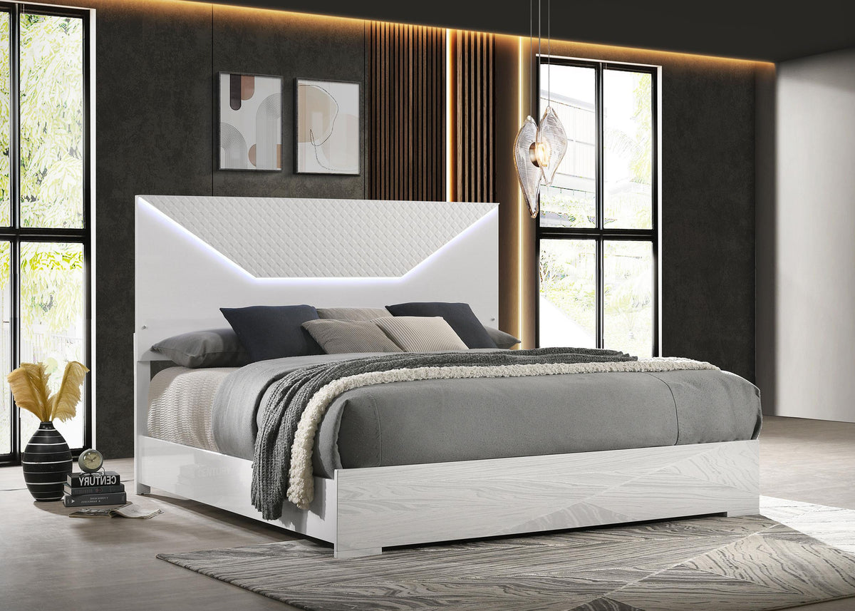 Coaster Ives Queen Panel Bed LED Headboard White High Gloss