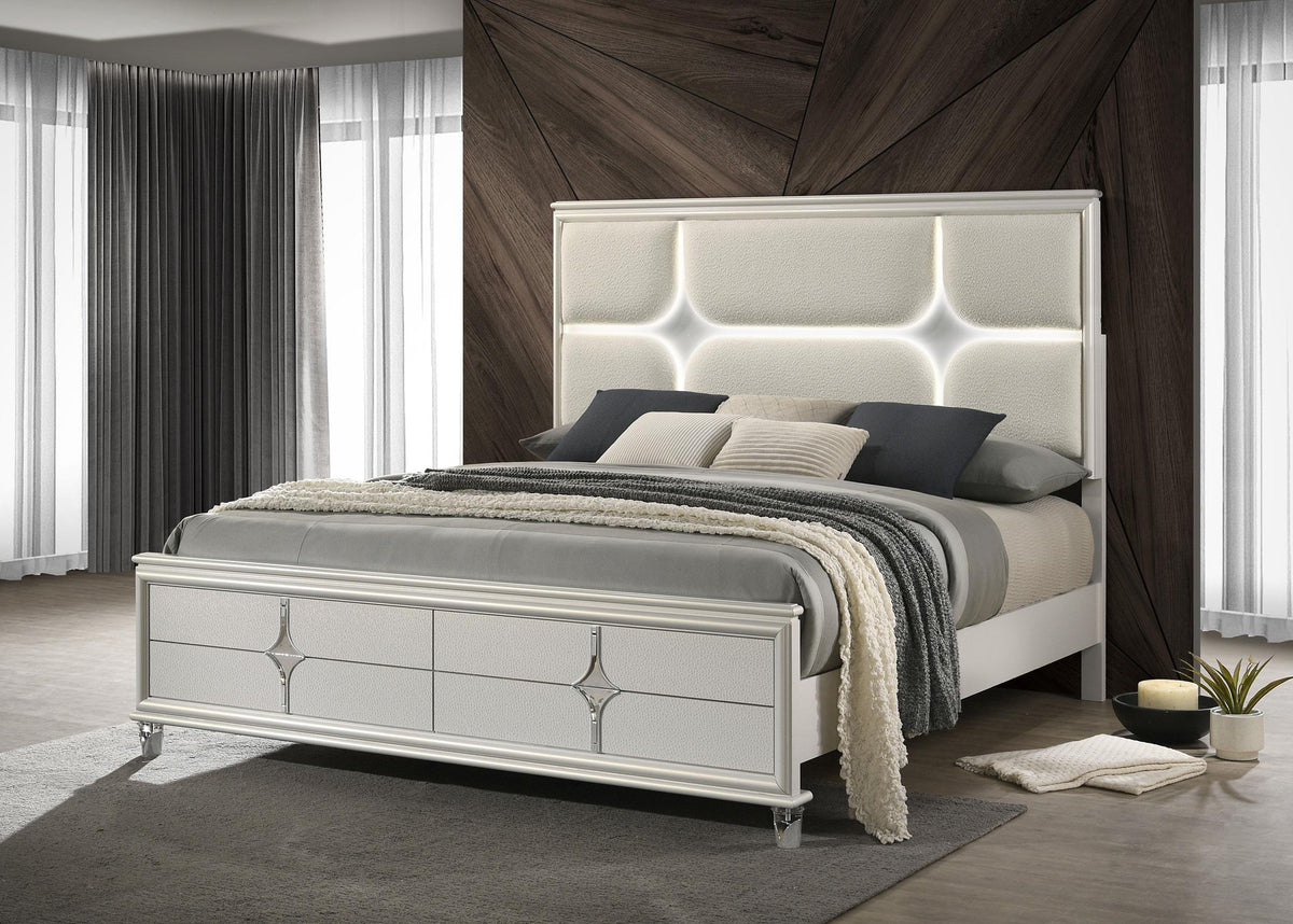 Coaster Olivia Queen Panel Bed LED Headboard Pearl White