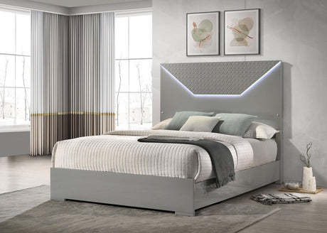 Coaster Ives Queen Panel Bed LED Headboard Grey High Gloss