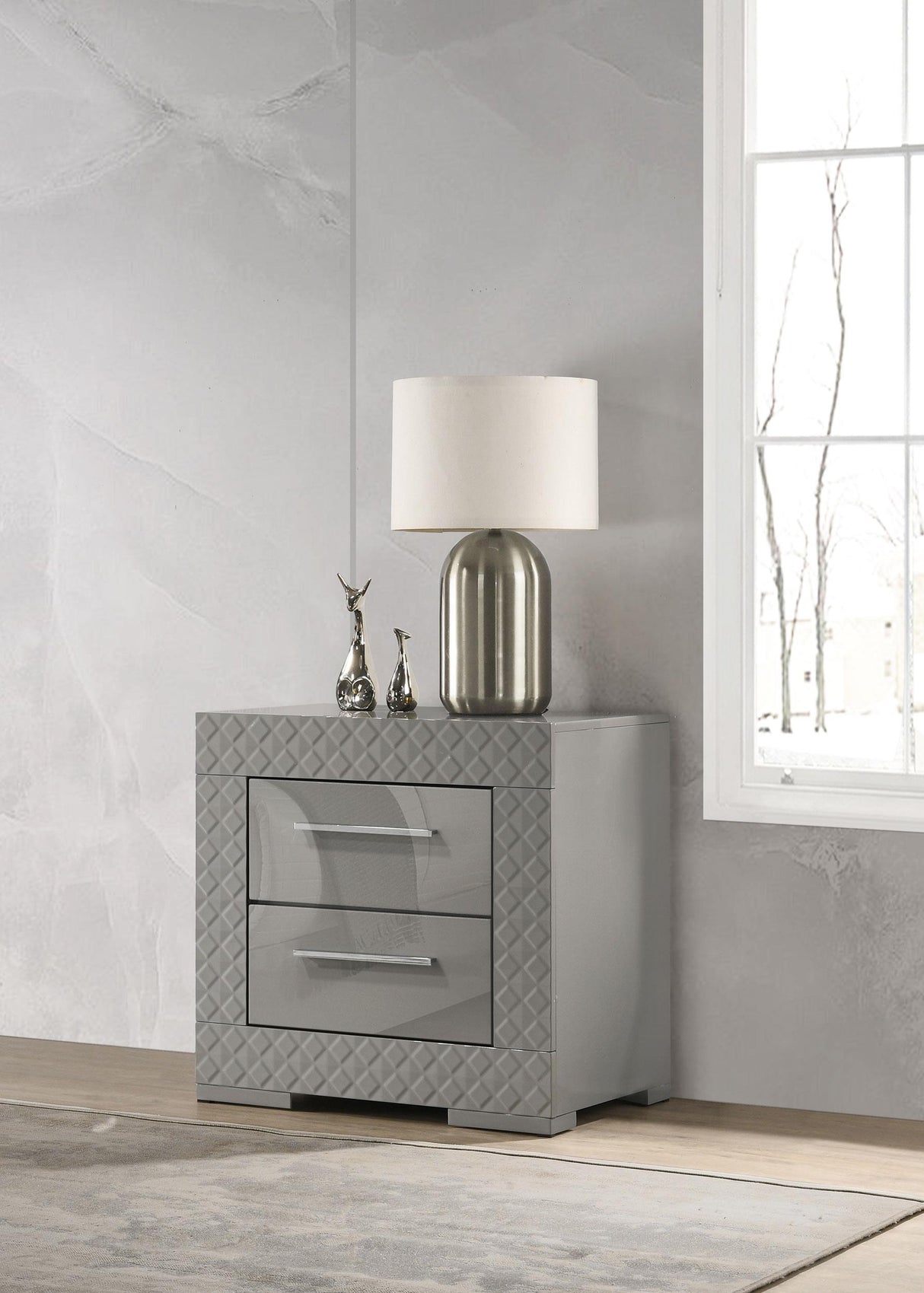 Coaster Ives 2-drawer Nightstand Bedside Table Grey High Gloss