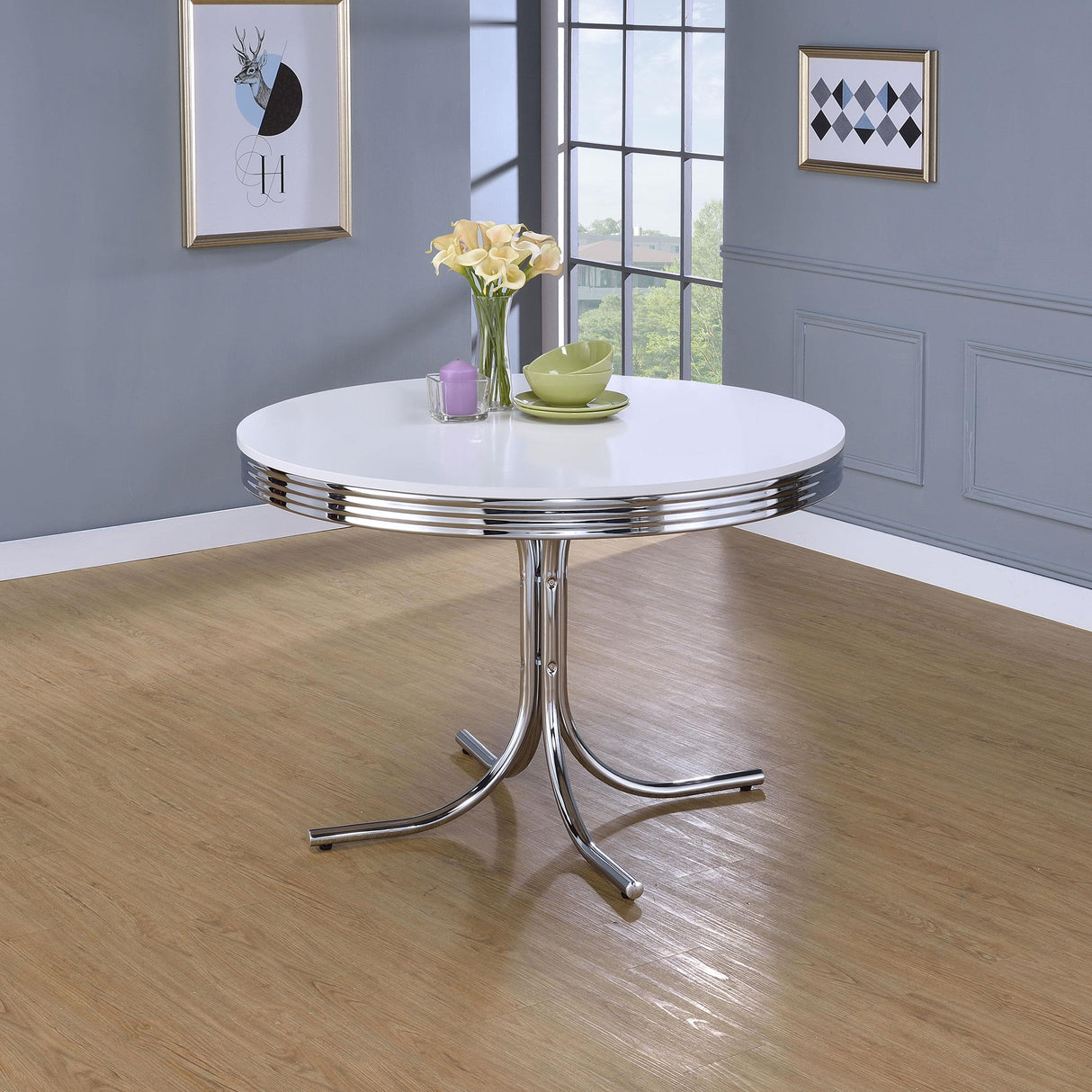Coaster Retro Round 42-inch Wood Top Dining Table White and Chrome