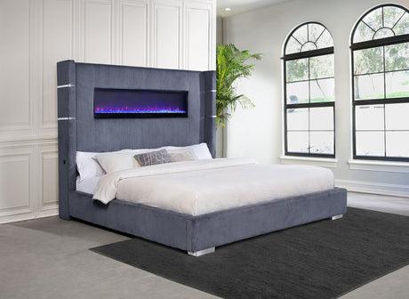 Coaster Tisdall 67-inch Upholstered Eastern King Fireplace Bed Grey