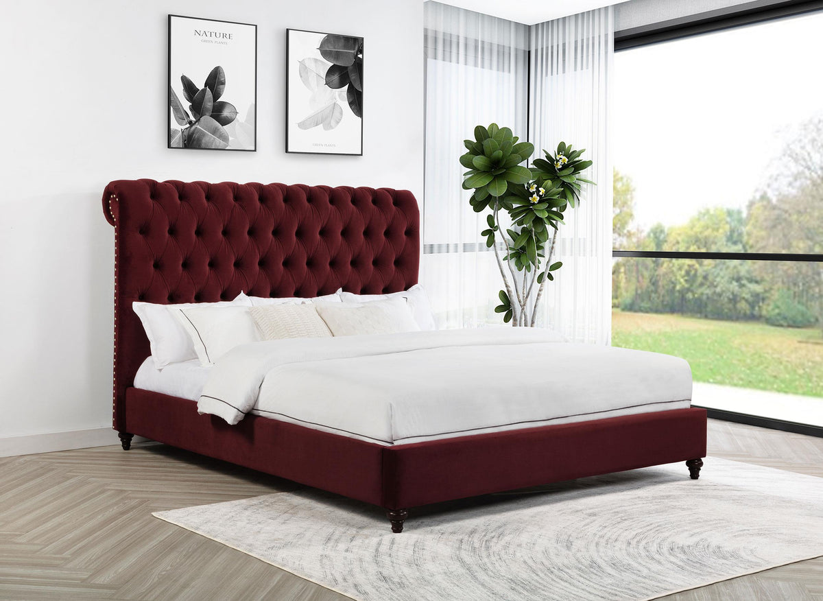 Coaster Devon 57-inch Upholstered Eastern King Panel Bed Wine Red