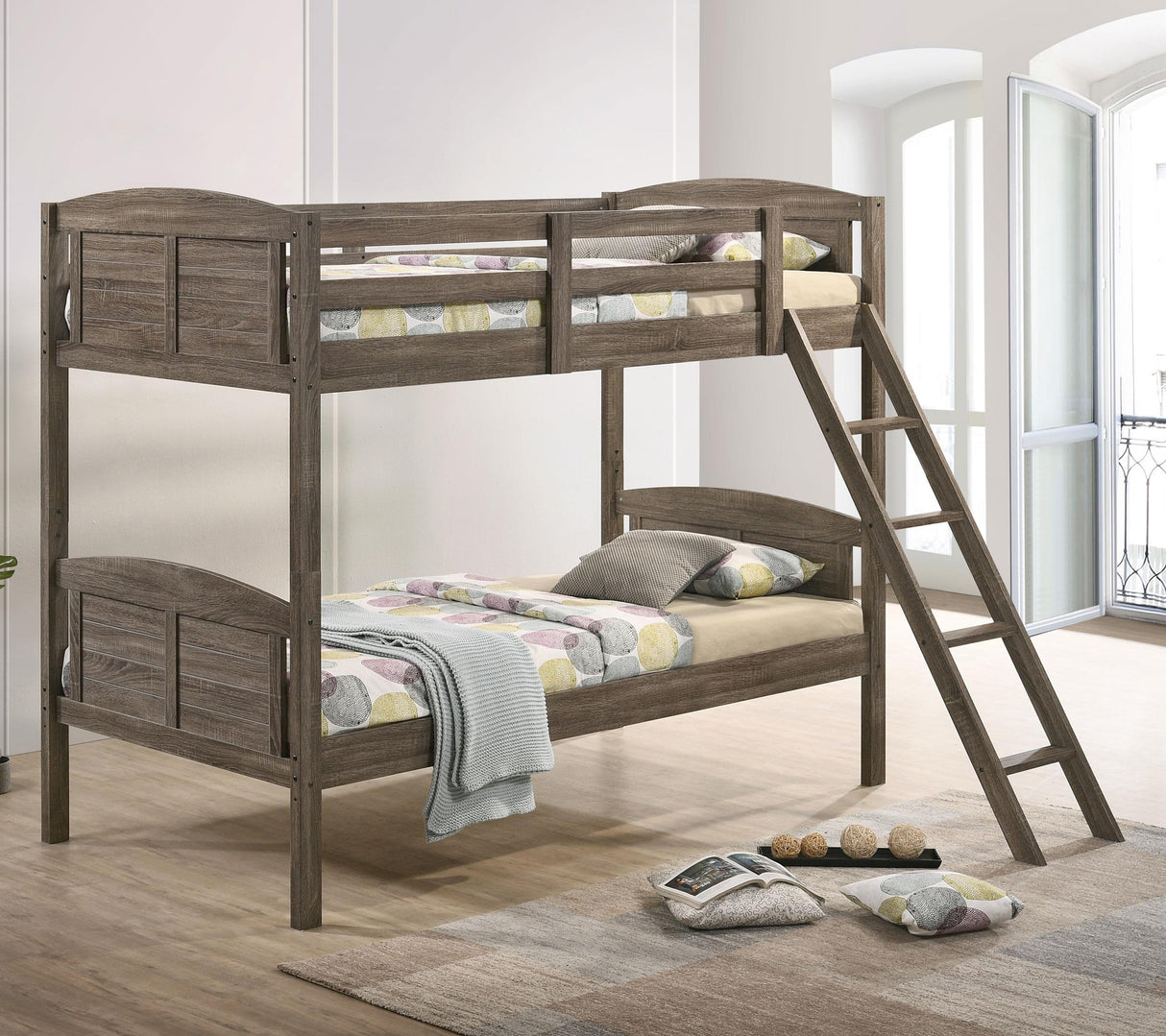 Coaster Flynn Wood Twin Over Twin Bunk Bed Weathered Brown