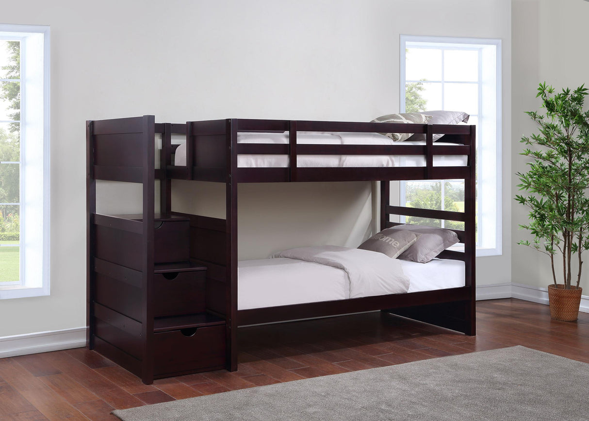 Coaster Elliott Wood Twin Over Twin Stairway Bunk Bed Cappuccino