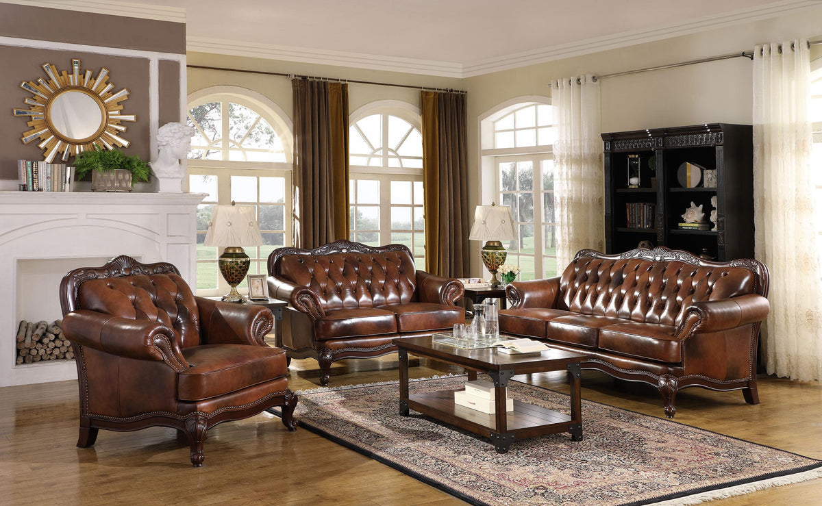 Coaster Victoria 3-piece Full Leather Upholstered Sofa Set Brown