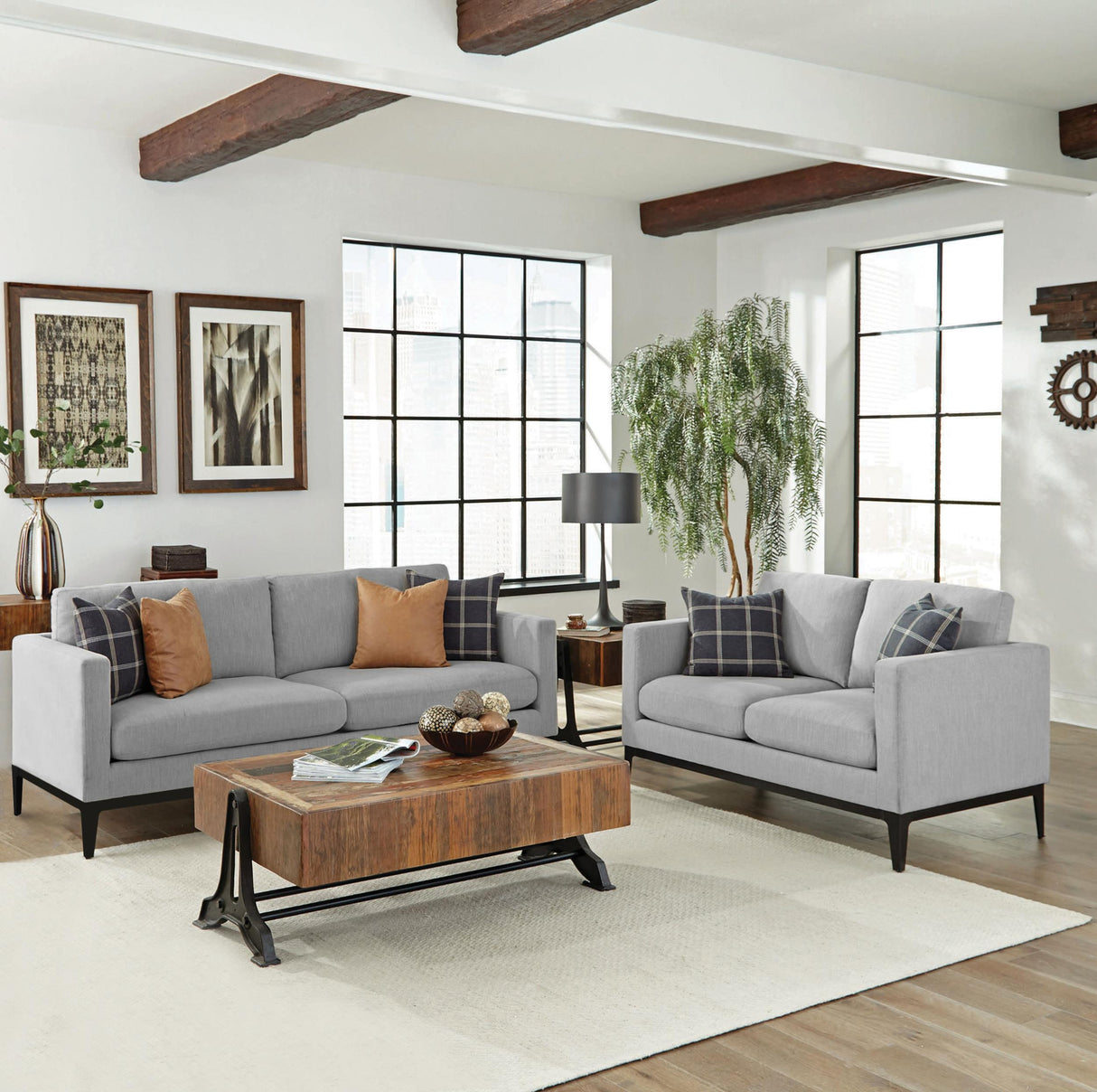 Coaster Apperson 2-piece Upholstered Track Arm Sofa Set Light Grey