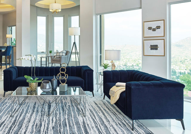 Coaster Chalet 2-piece Upholstered Tuxedo Arm Tufted Sofa Set Blue