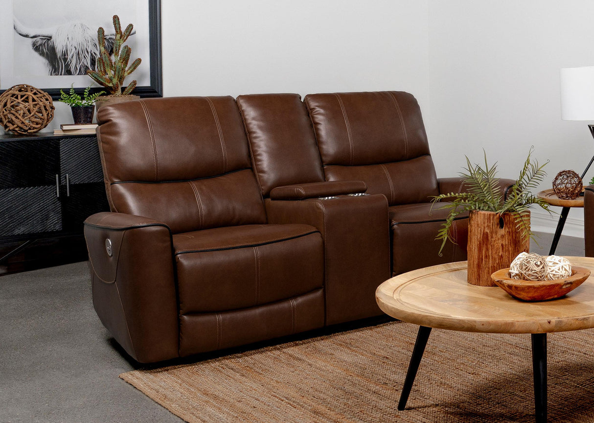 Coaster Greenfield Upholstered Power Reclining Loveseat Saddle Brown