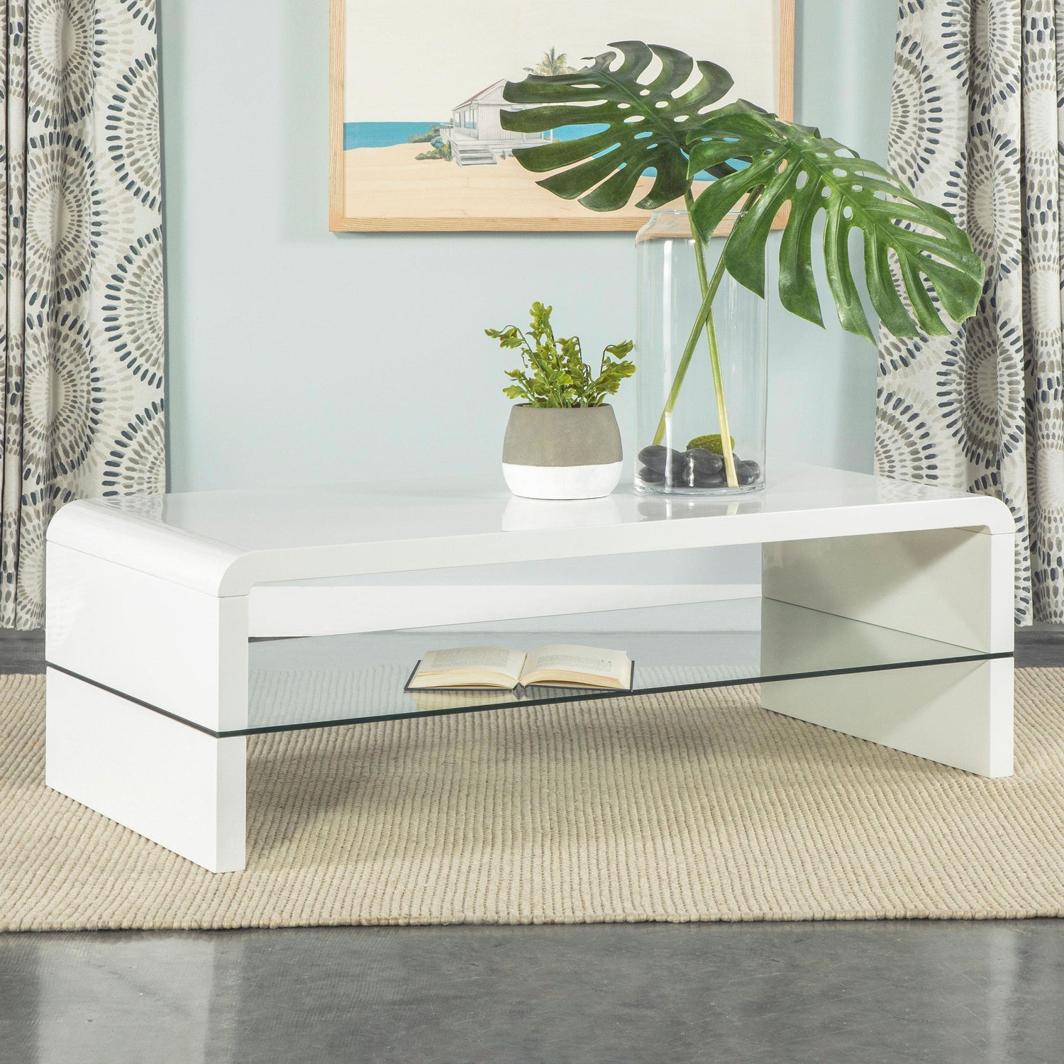 Coaster Airell Rectangular Coffee Table with Shelf White High Gloss