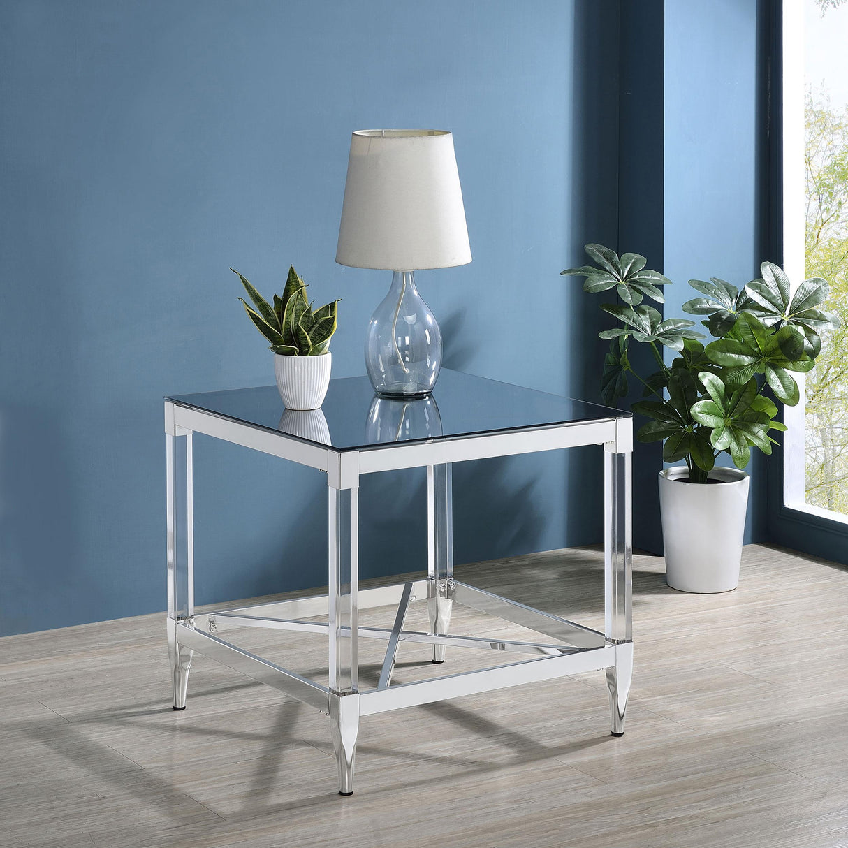 Coaster Lindley Square Tempered Mirror Acrylic Side End Table Chrome