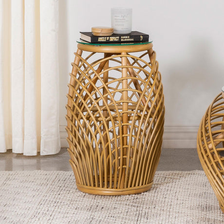 Coaster Dahlia Round Glass Top Woven Rattan End Table Natural