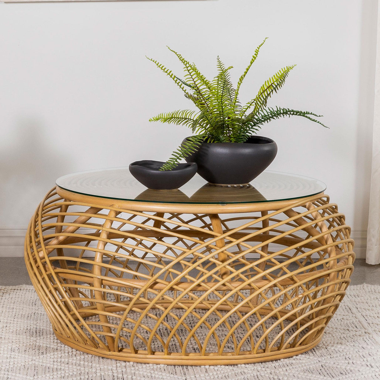 Coaster Dahlia Round Glass Top Woven Rattan Coffee Table Natural