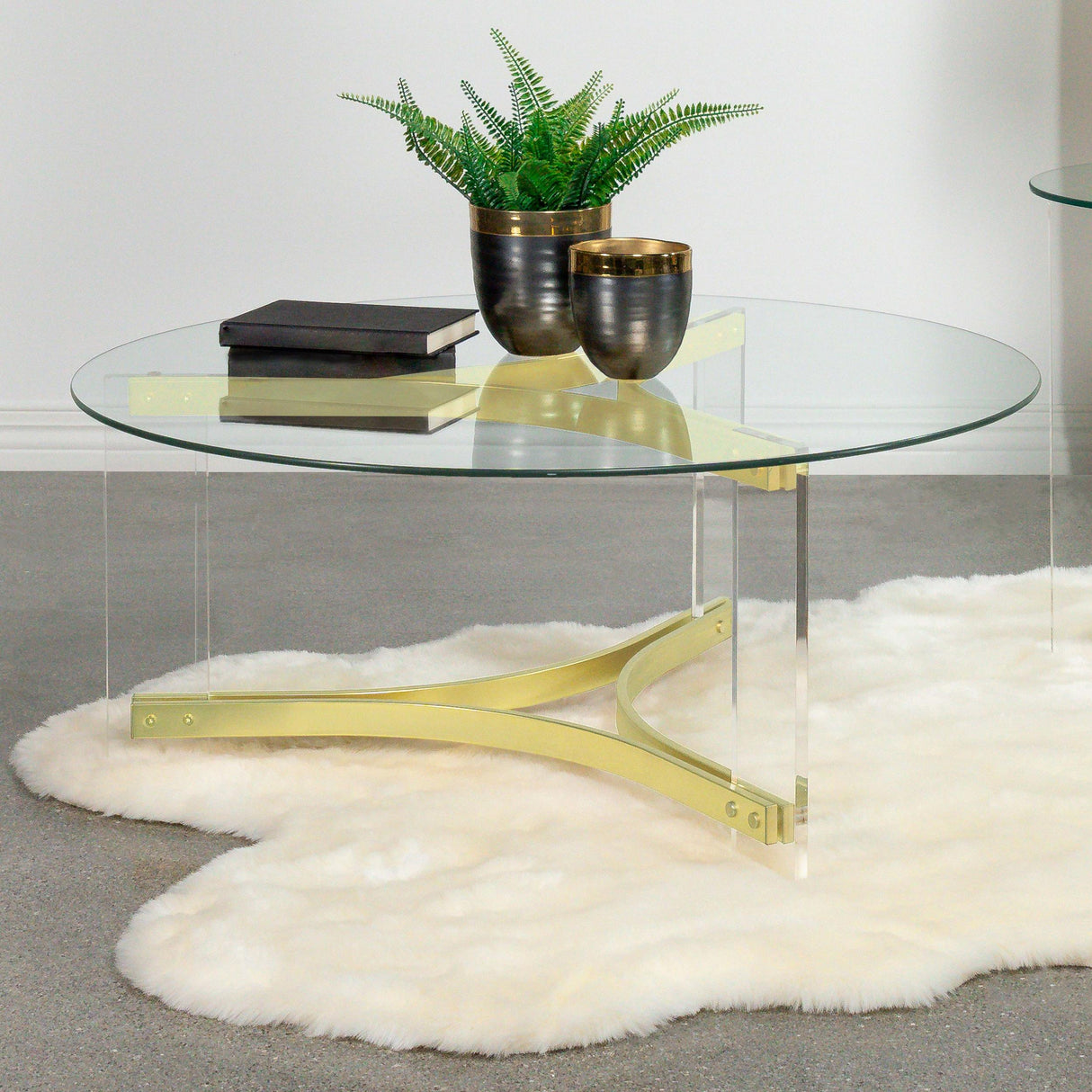 Coaster Janessa Round Glass Top Acrylic Leg Coffee Table Matte Brass