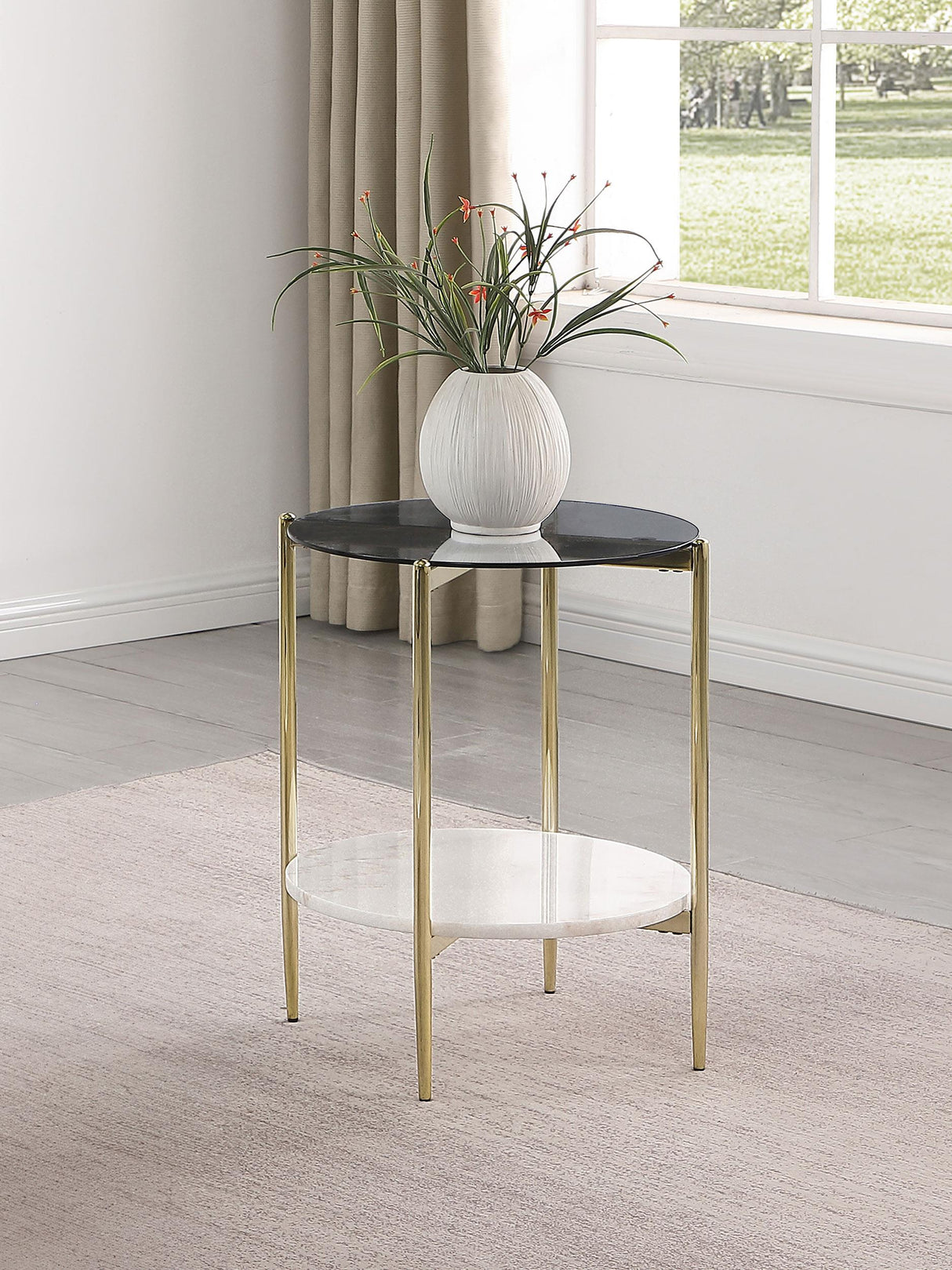 Coaster Jonelle Round Glass Top End Table White Marble Shelf Gold