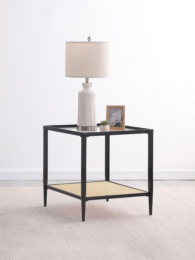 Coaster Amherst Glass Top Metal with Cane Shelf End Table Black