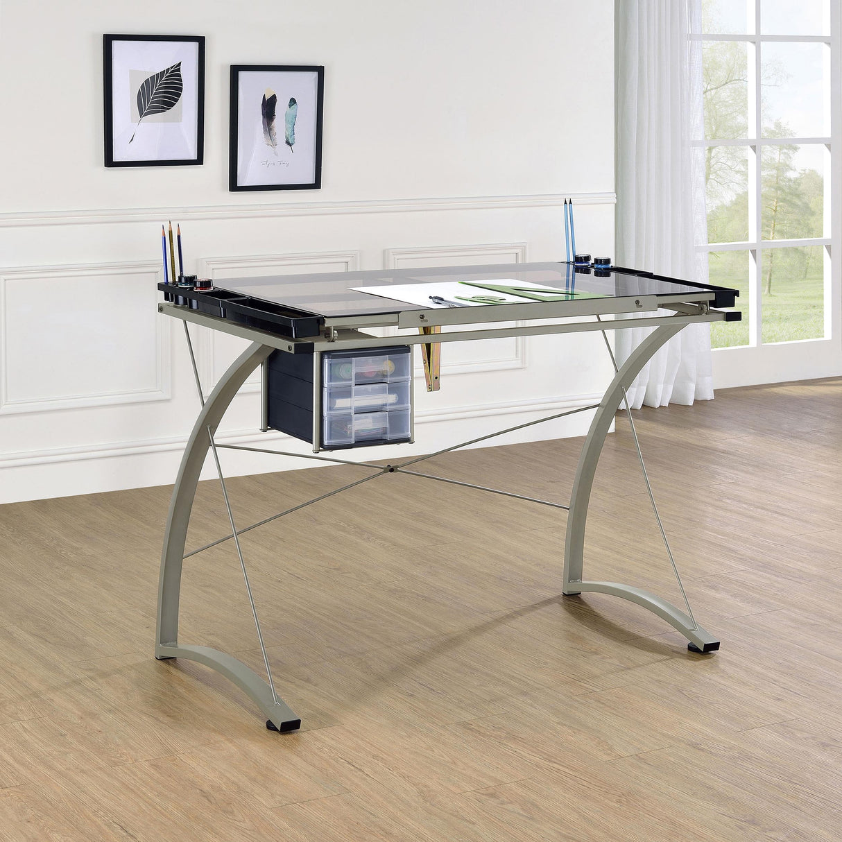 Coaster Melo 41-inch Glass Top Drafting Table with Storage Silver