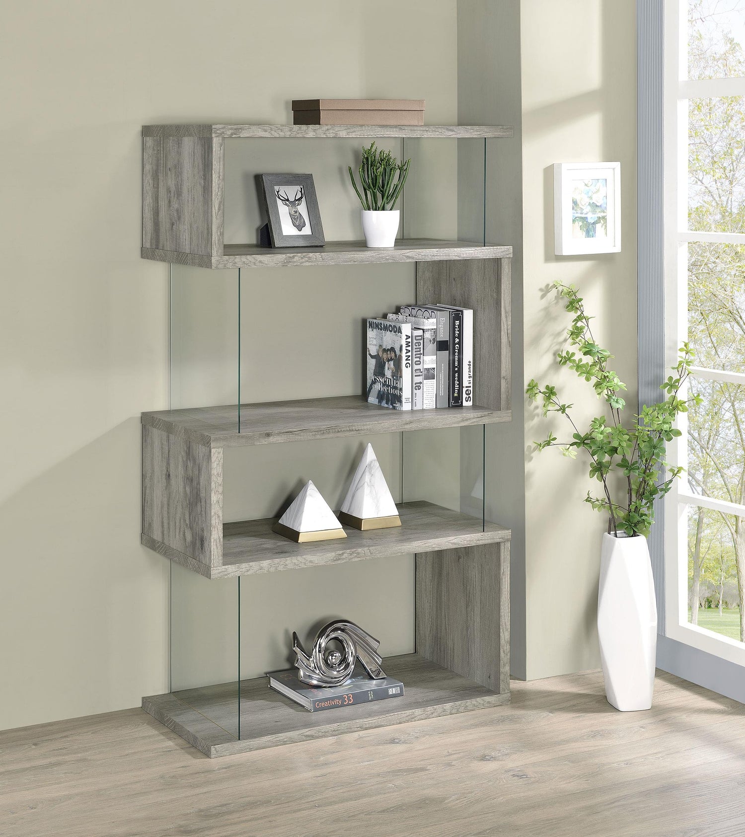 Coaster Emelle 63-inch 4-shelf Glass Panel Bookshelf Grey Driftwood