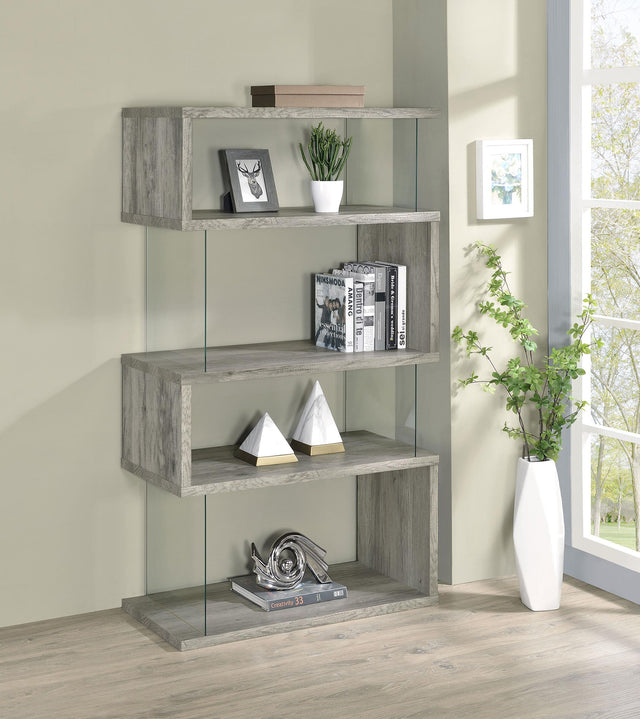 Coaster Emelle 63-inch 4-shelf Glass Panel Bookshelf Grey Driftwood