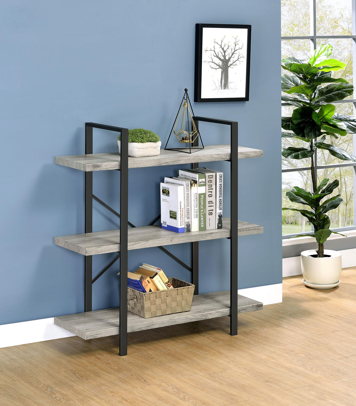 Coaster Cole 40-inch 3-shelf Bookshelf Grey Driftwood and Gunmetal