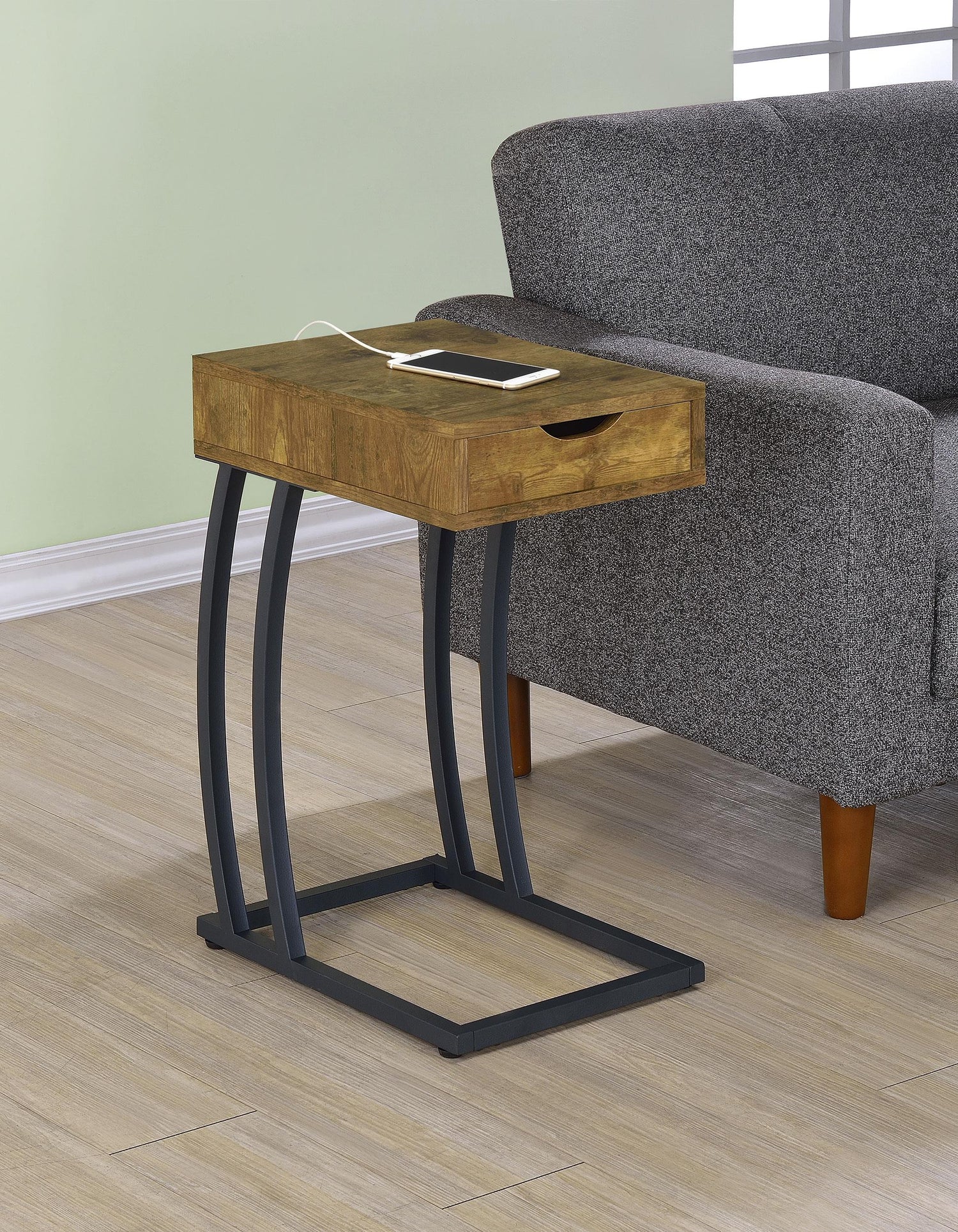 Coaster Troy 1-drawer C-Shaped Side Table Power Outlet Rustic Nutmeg