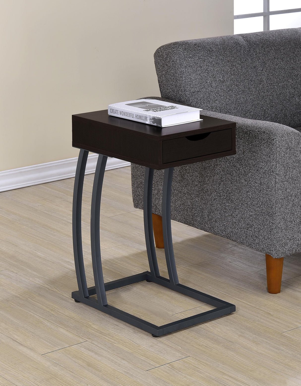 Coaster Troy 1-drawer C-Shaped Side Table Power Outlet Cappuccino