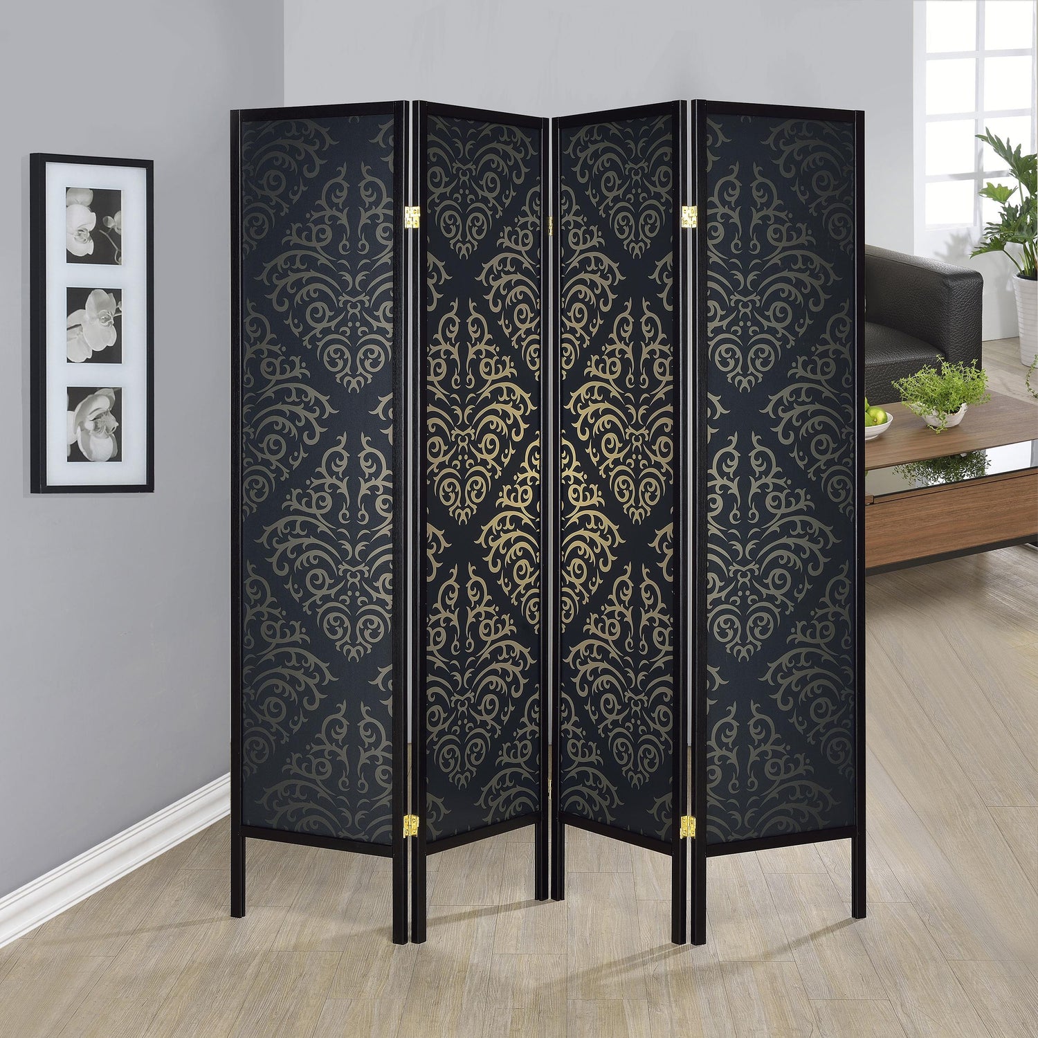 Coaster Haidera 4-Panel Room Divider Folding Screen Black Damask