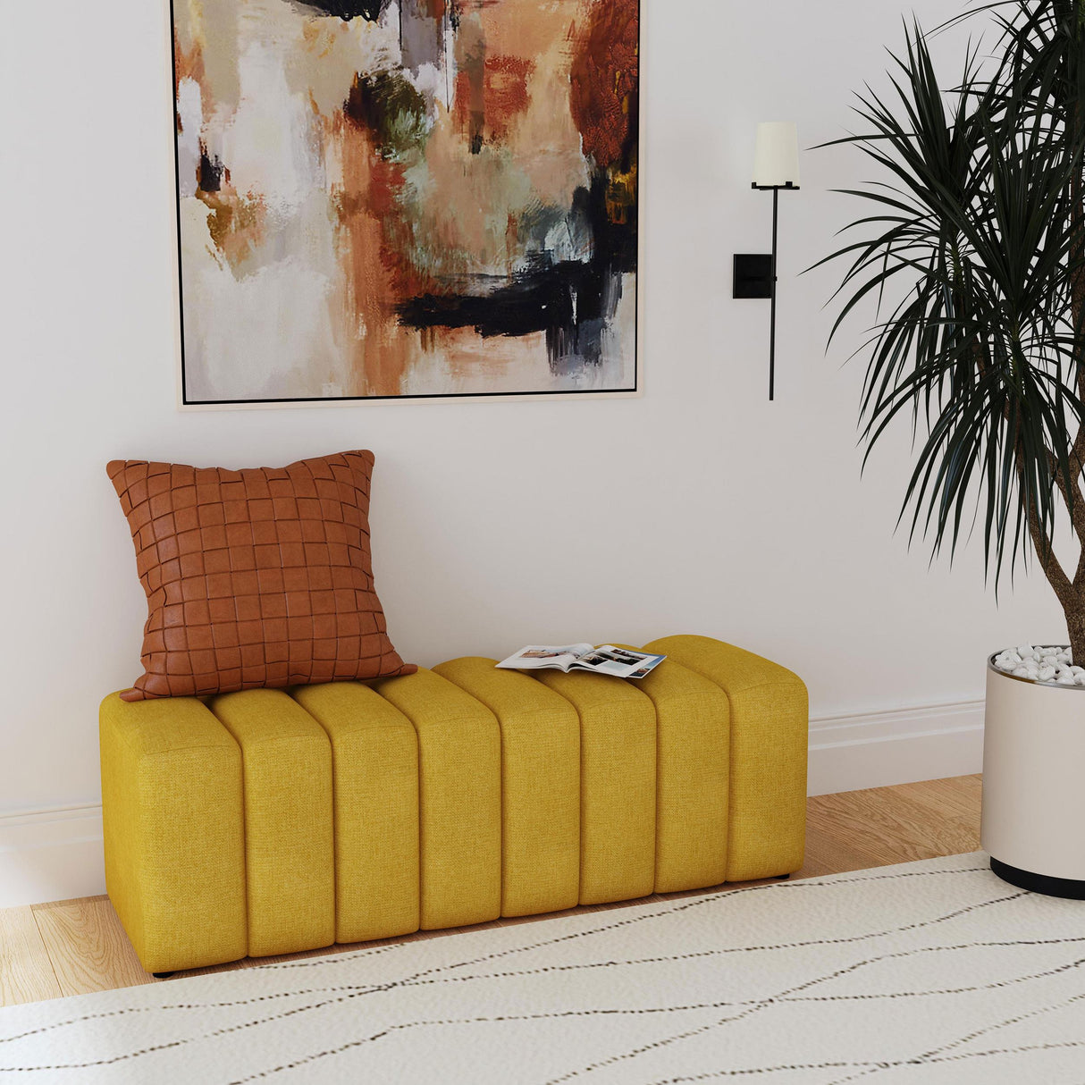 Coaster Summer Fabric Upholstered Tufted Accent Bench Mustard Yellow