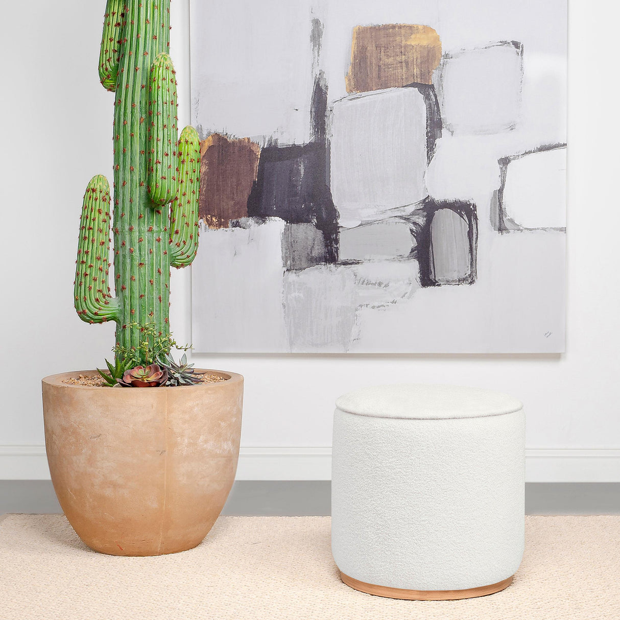 Coaster Zena Faux Sheepskin Upholstered Round Ottoman Ivory