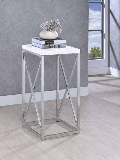 Coaster Edmund Square Accent Side Table White High Gloss and Chrome