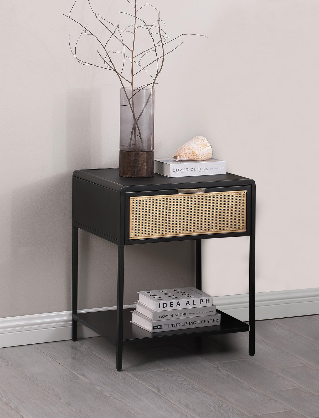 Coaster Amherst 1-drawer Radio Weave Cane Metal Bedside Table Black