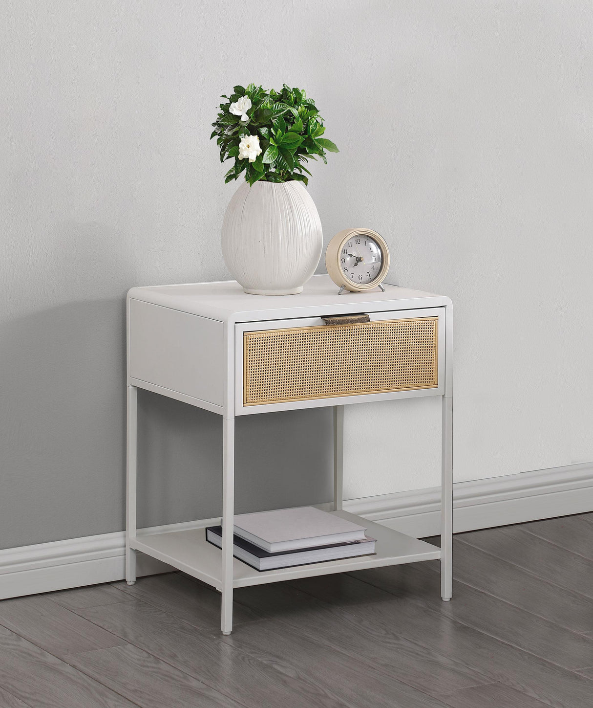 Coaster Amherst 1-drawer Radio Weave Cane Metal Bedside Table White