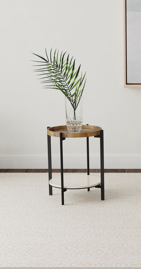 Coaster Adhvik Round Side Table with Marble Shelf Natural and Black