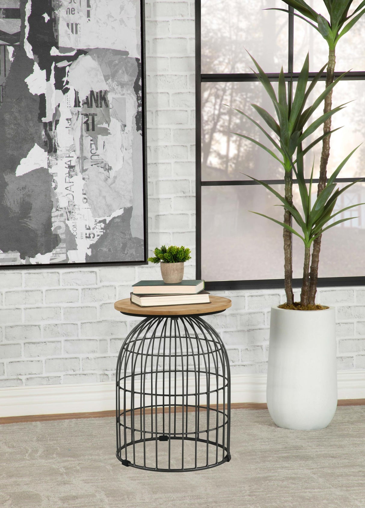 Coaster Bernardo Round Wire Frame Side Table Natural and Gunmetal