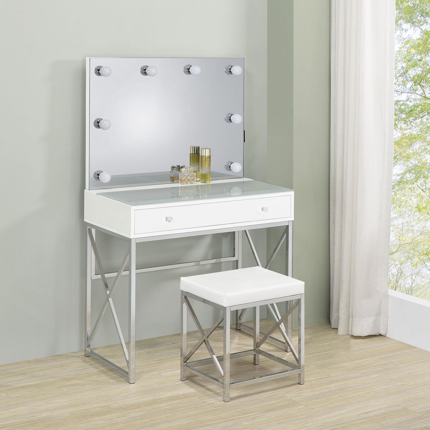 Coaster Eliza Vanity Set with Lighting & Stool White and Chrome