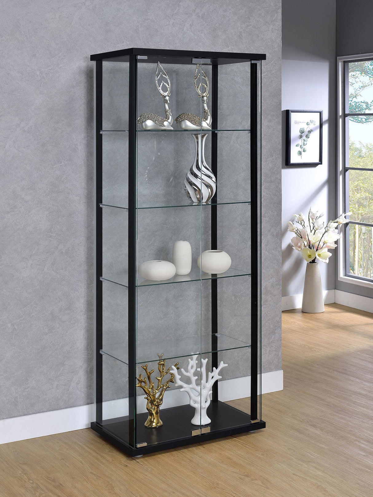 Coaster Delphinium 5-shelf Clear Glass Curio Display Cabinet Black