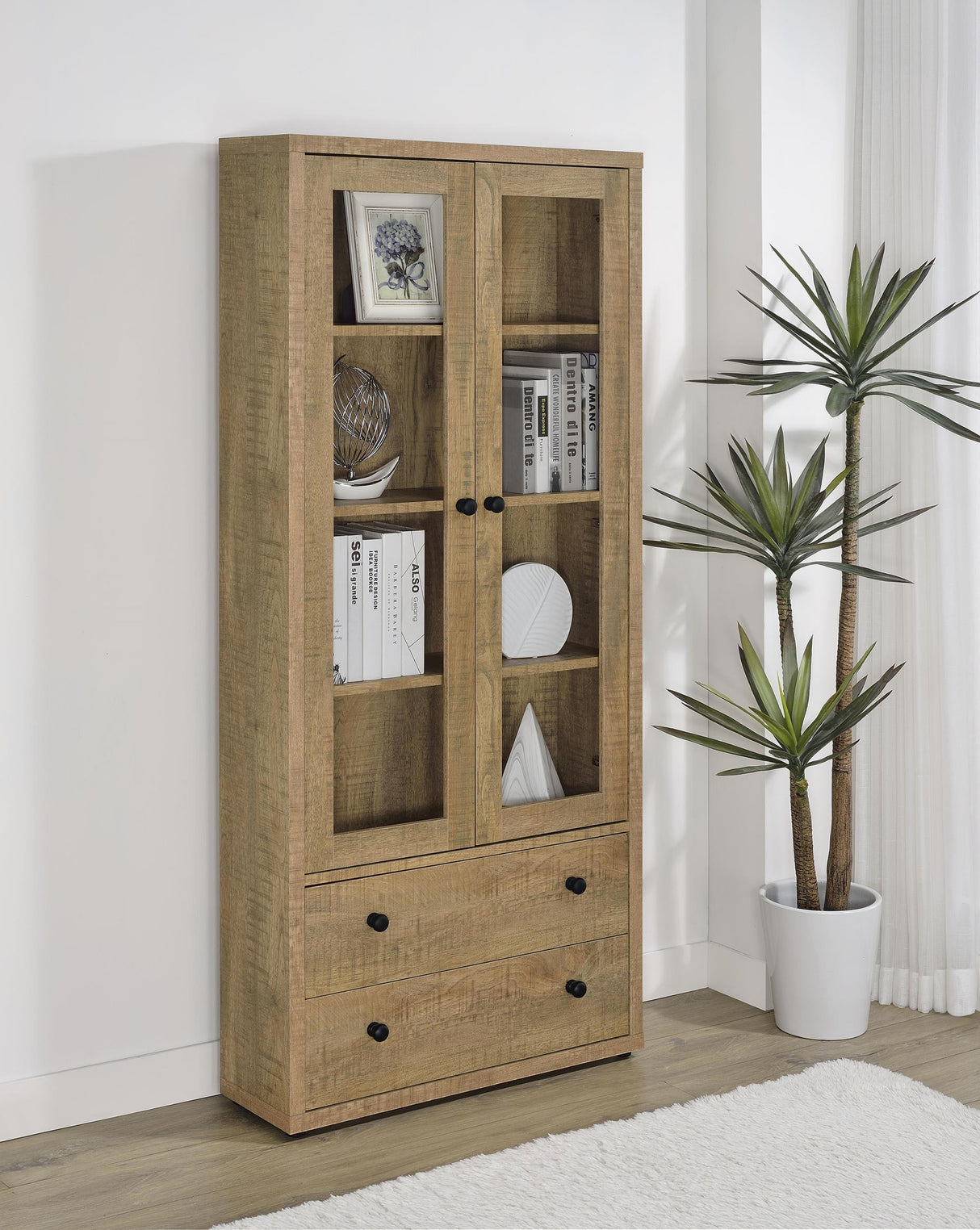 Coaster Hawthorne 4-shelf Glass Door Tall Cabinet with Drawers Mango