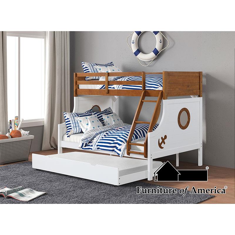 Furniture of America Nautia Twin/Full Bunk Bed w/ Trundle, Oak/White