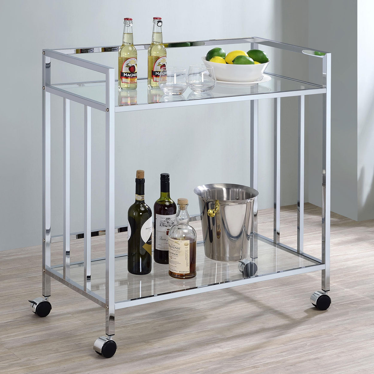 Coaster Cara 2-tier Rectangular Glass Shelf Metal Bar Cart Chrome